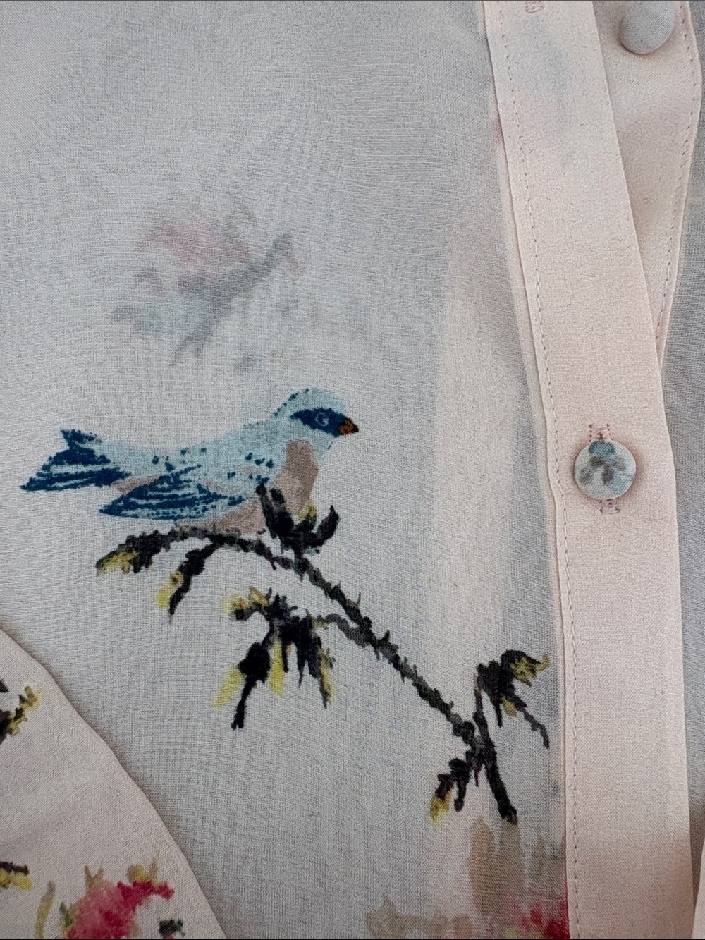 Joie Pale Pink Floral & Bird-Print Ruffle-Neck Silk beautiful Blouse - Picture 5 of 8
